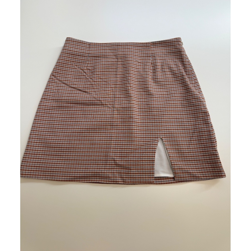 1.STATE Plaid Mini Skirt Brown Academia Preppy Slit Size 6